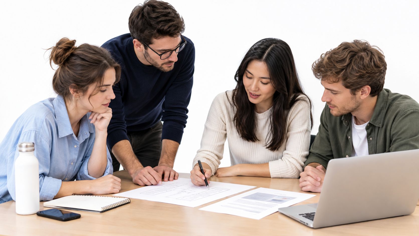 A diverse team of professionals collaborating and brainstorming ideas while working together at an office table.
