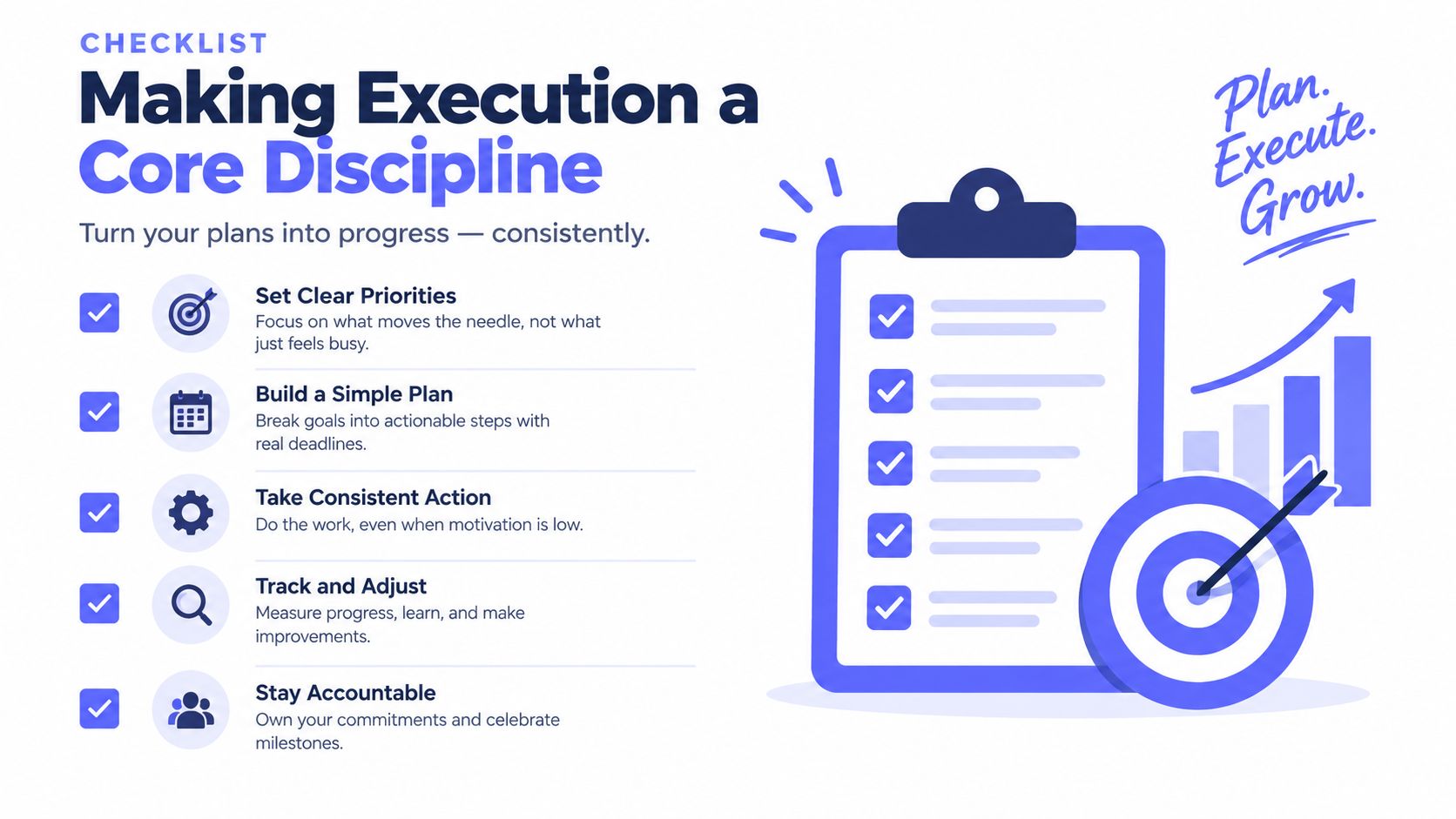 A checklist graphic illustrating five key steps to making execution a core discipline for improved business productivity.