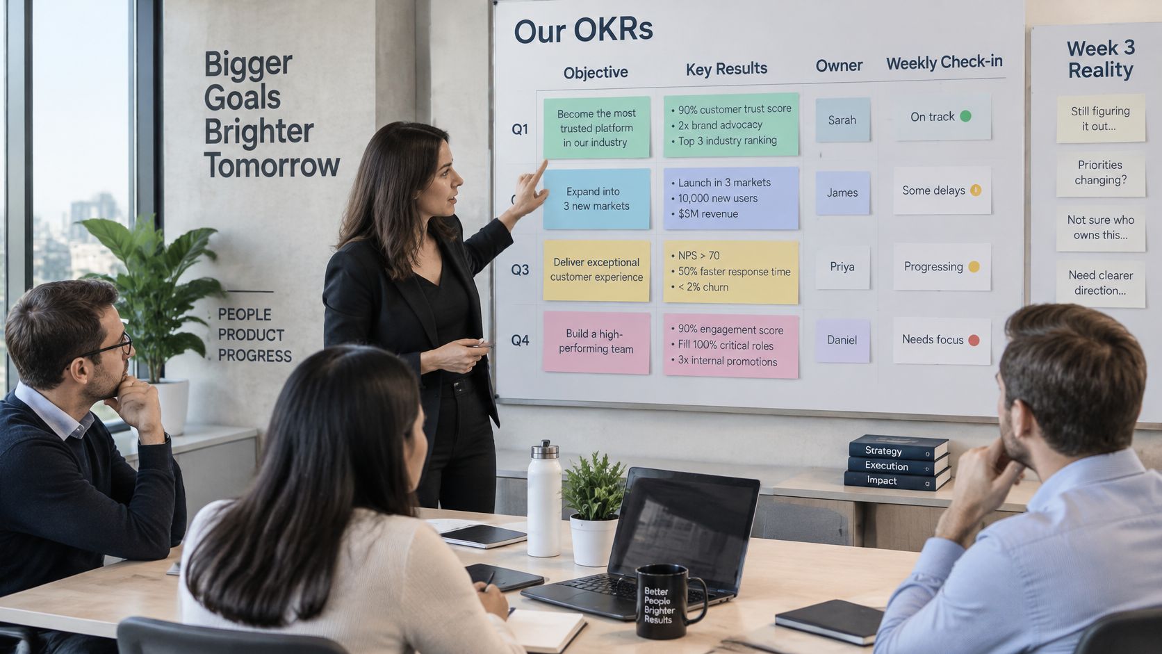 A businesswoman presents quarterly company objectives and key results to her team in a modern office meeting.