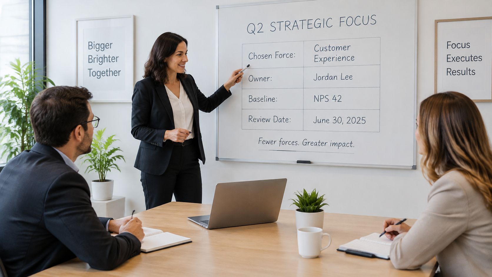 A businesswoman presents a Q2 strategic focus table on a whiteboard to two colleagues in a meeting room.
