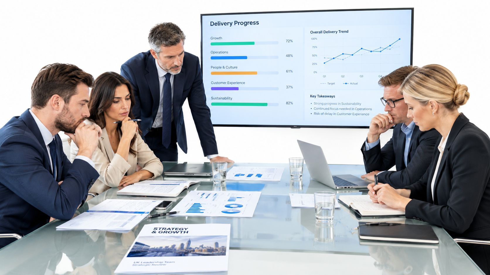 A professional team of business people sitting at a table discussing strategy and company growth metrics.