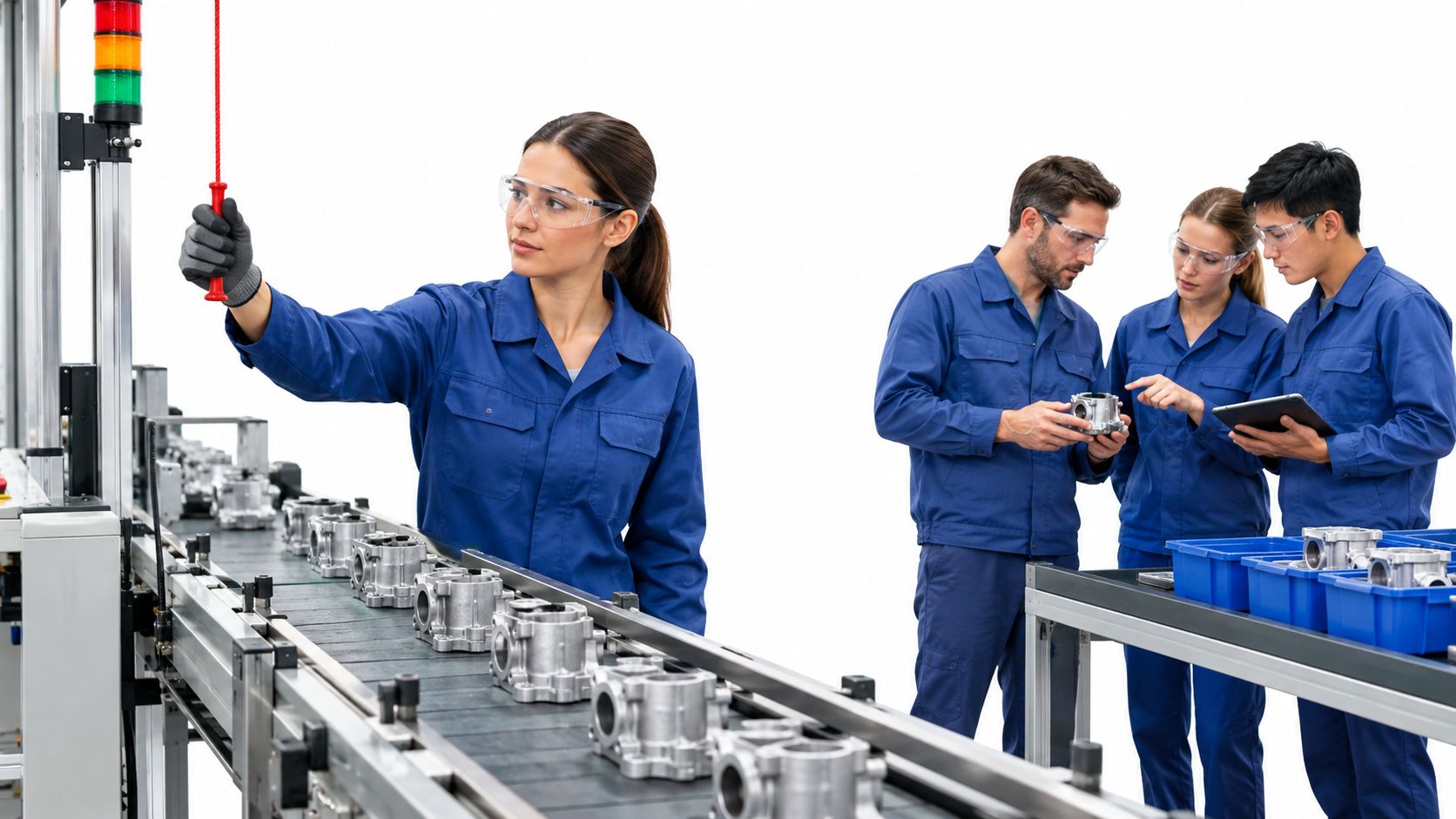 A diverse team of workers in blue uniforms inspecting metal engine components on a factory assembly line.