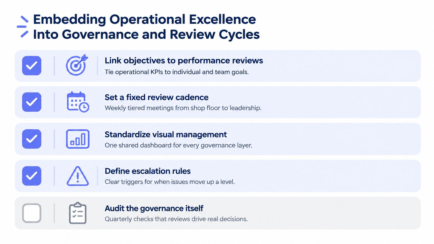 A checklist graphic illustrating five key steps to embed operational excellence into business governance and review cycles.