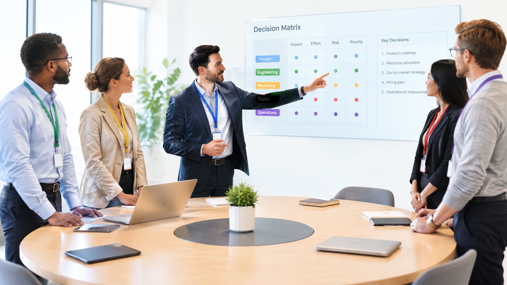 A professional team discussing strategy while looking at a decision matrix on a large digital screen.