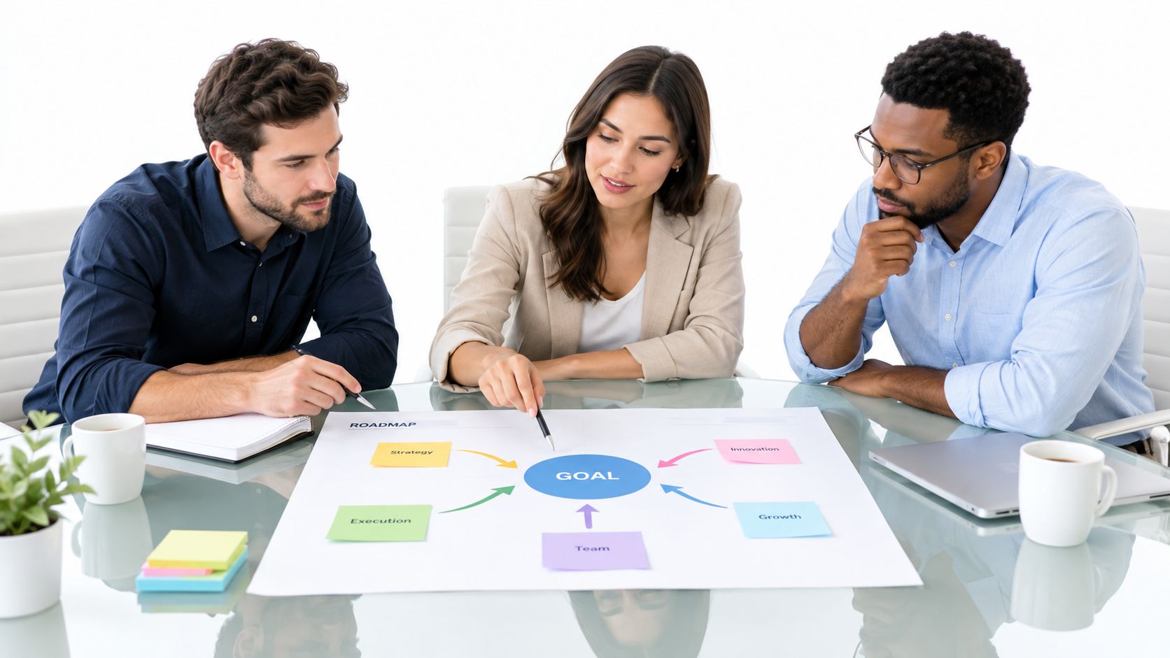 A professional team of three collaborating on a strategic business goal roadmap at a glass table.