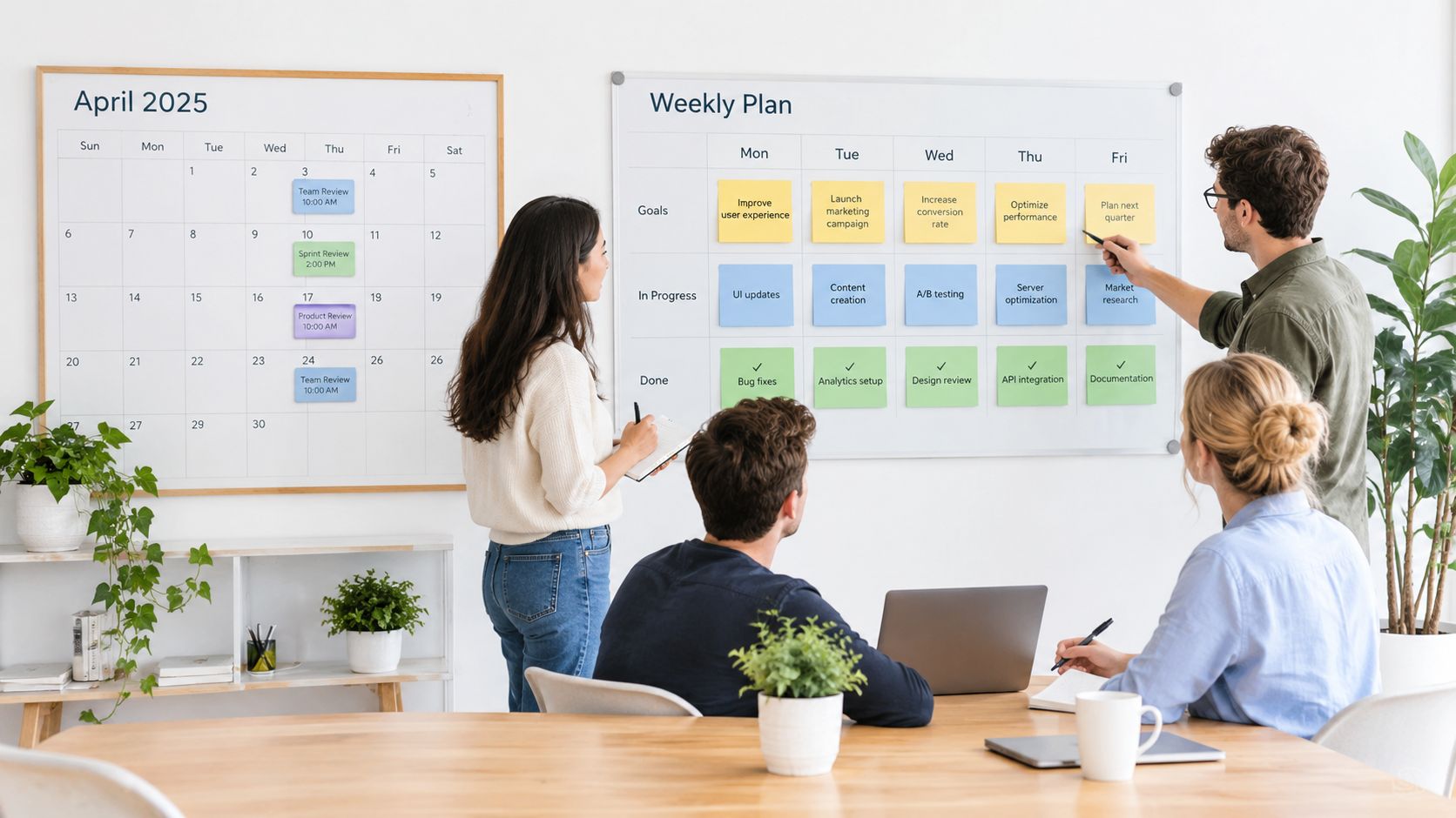 A diverse business team collaborating on a weekly plan in a bright, modern office workspace.