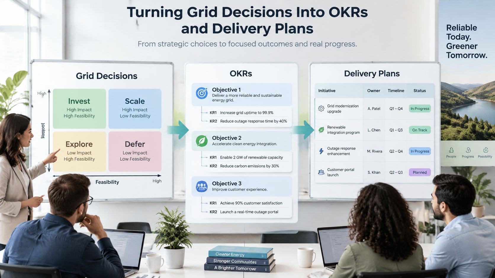 A professional team discussing an OKR framework strategy board illustrating grid decisions, key results, and delivery plans.