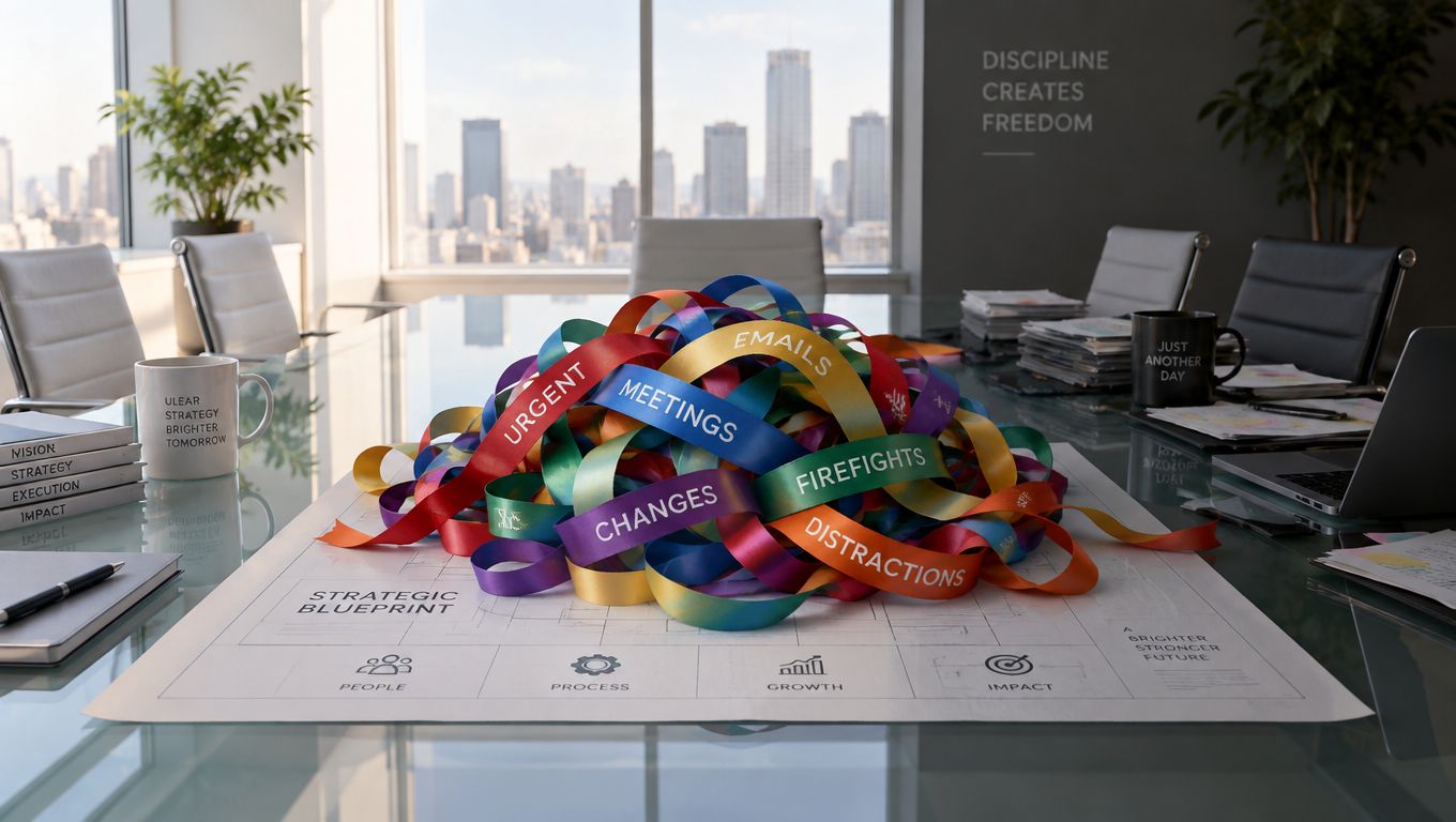 A tangled mess of colorful ribbons labeled with work-related distractions sits atop a structured strategic planning document.