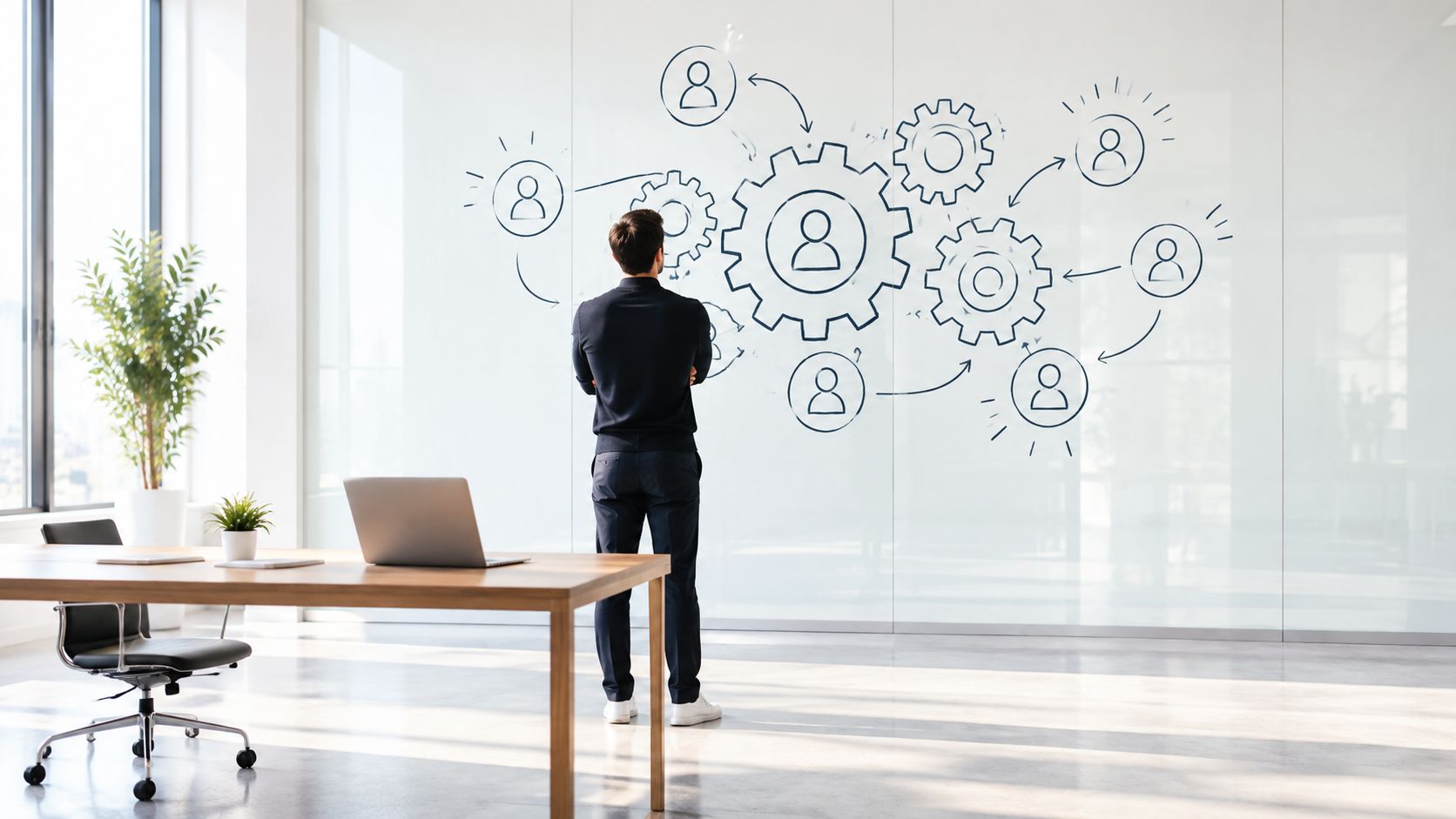A businessman stands in an office looking at a whiteboard drawing of interconnected gears and people icons.