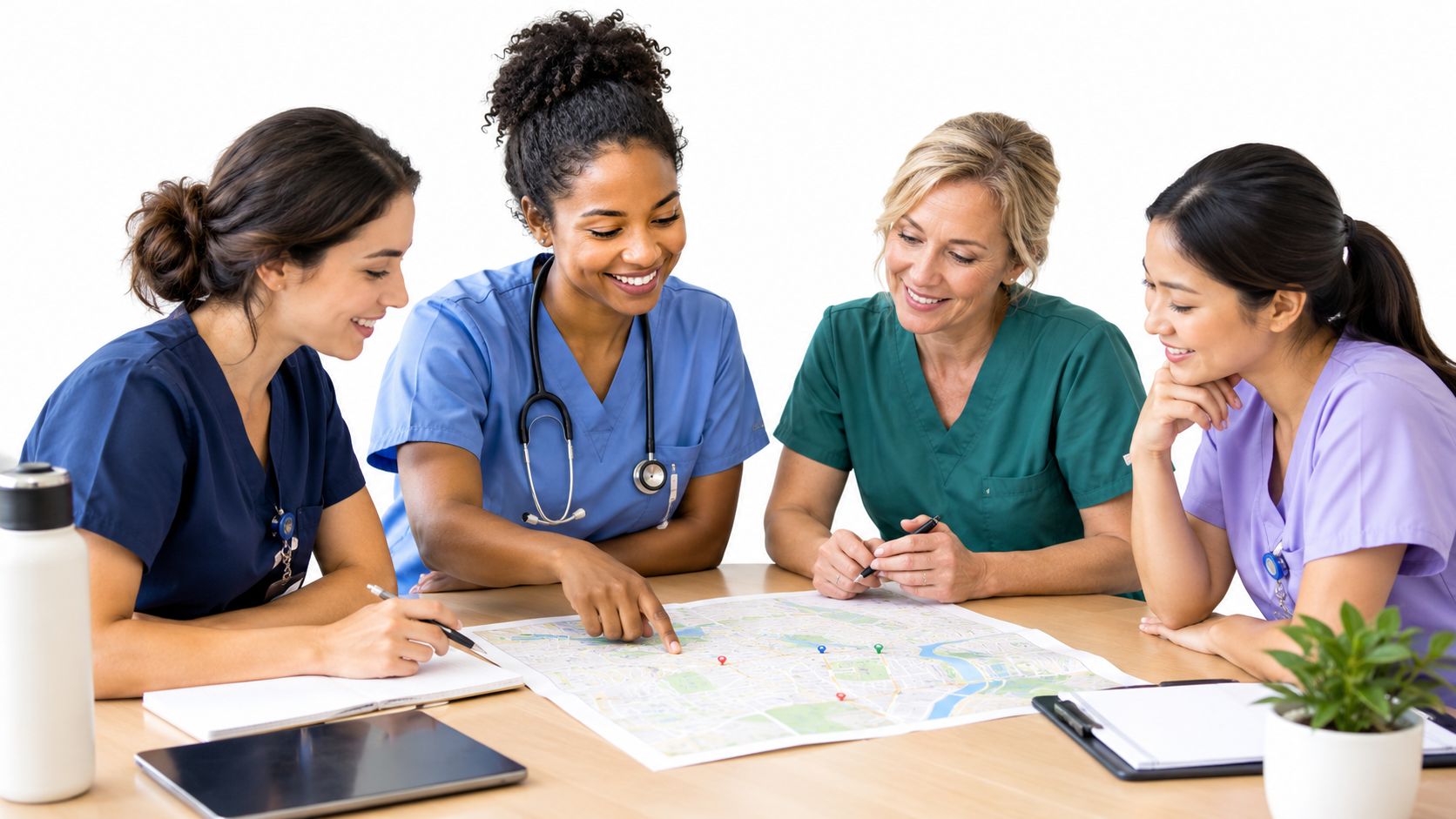 Four female healthcare professionals in colorful scrubs collaborating while reviewing a city map on a table.