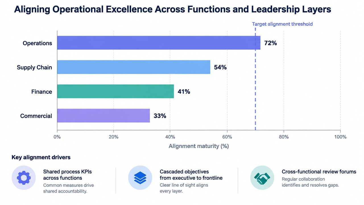 A horizontal bar chart illustrating alignment maturity percentages for Operations, Supply Chain, Finance, and Commercial departments.