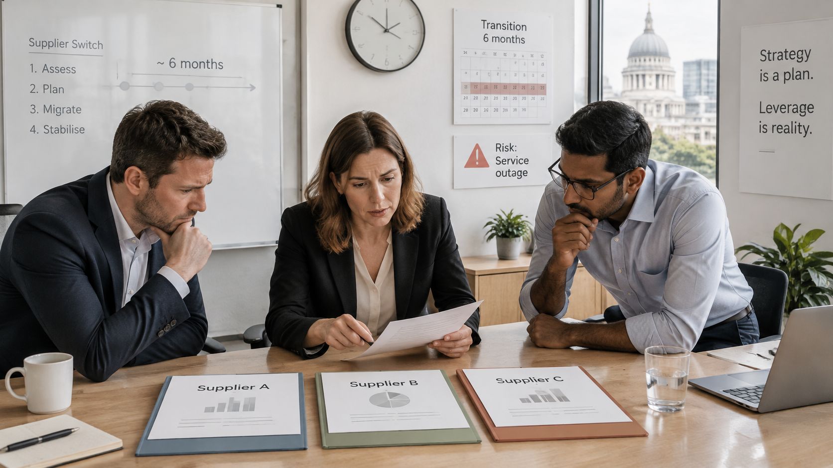 A diverse business team collaborating in an office meeting while reviewing supplier data documents at a table.