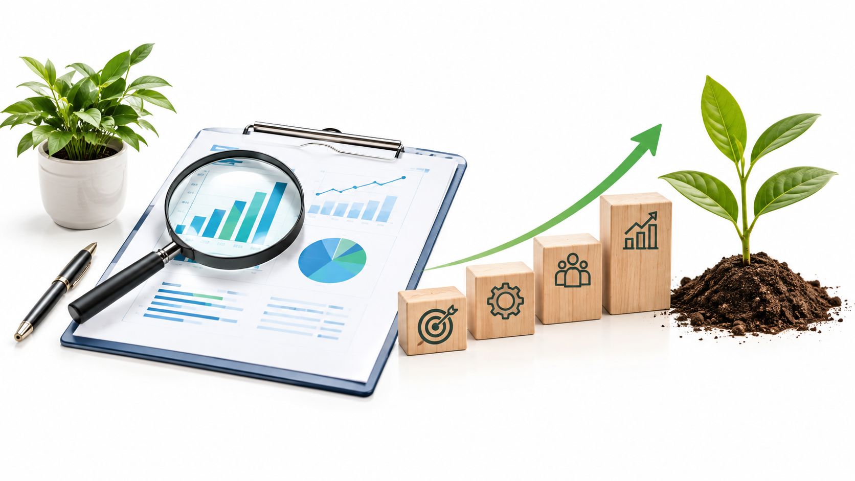 A clipboard with business charts, magnifying glass, pen, and growth concepts represented by wooden blocks and plants.