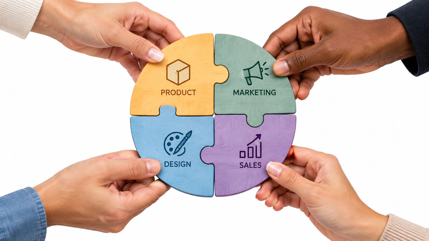 Four hands connecting a circular puzzle made of four pieces labeled product, marketing, design, and sales.