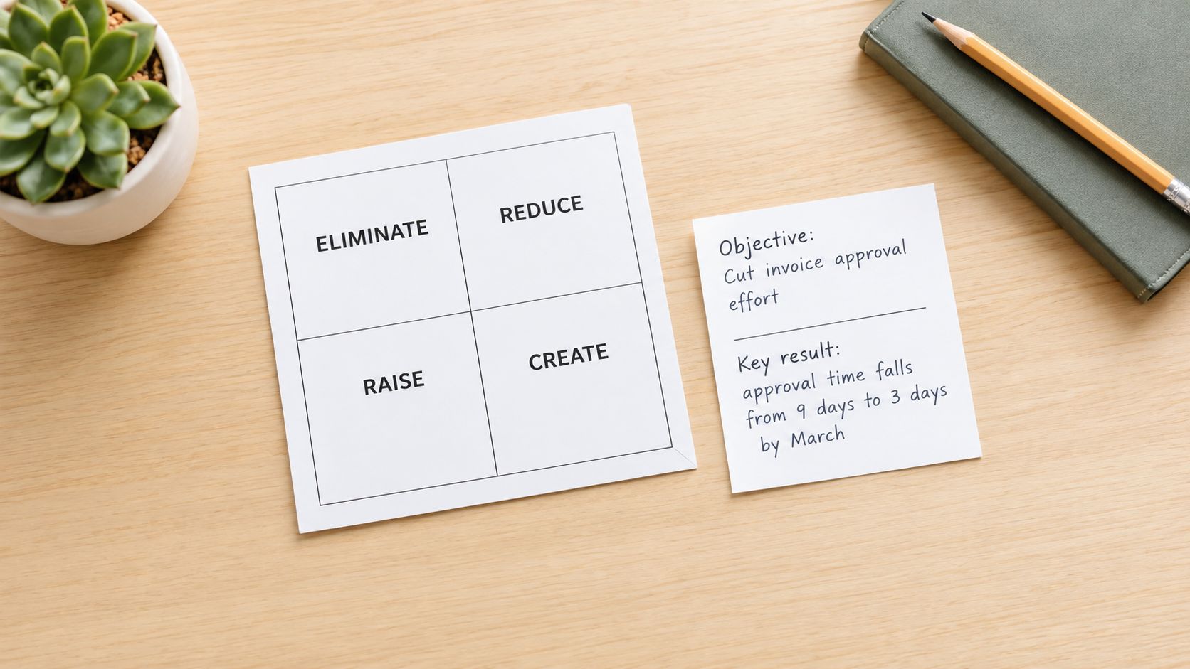 A top-down view of a desk featuring an eliminate, reduce, raise, create grid and an objectives list.