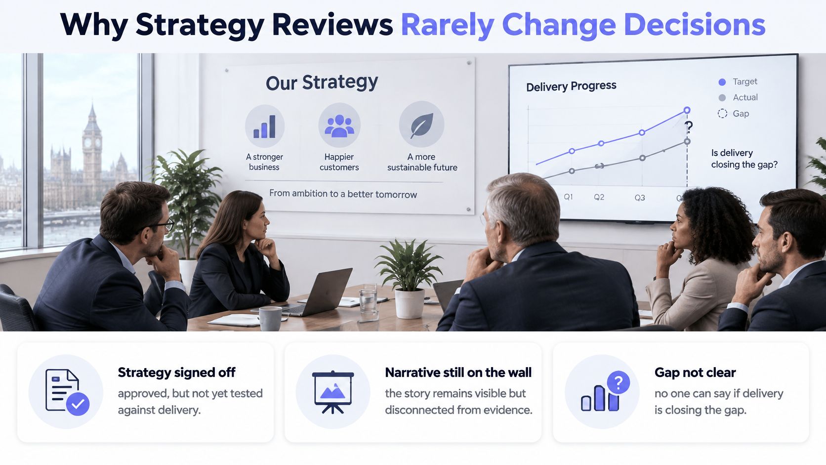 A professional team in a conference room discussing strategy performance while reviewing charts and delivery gaps.