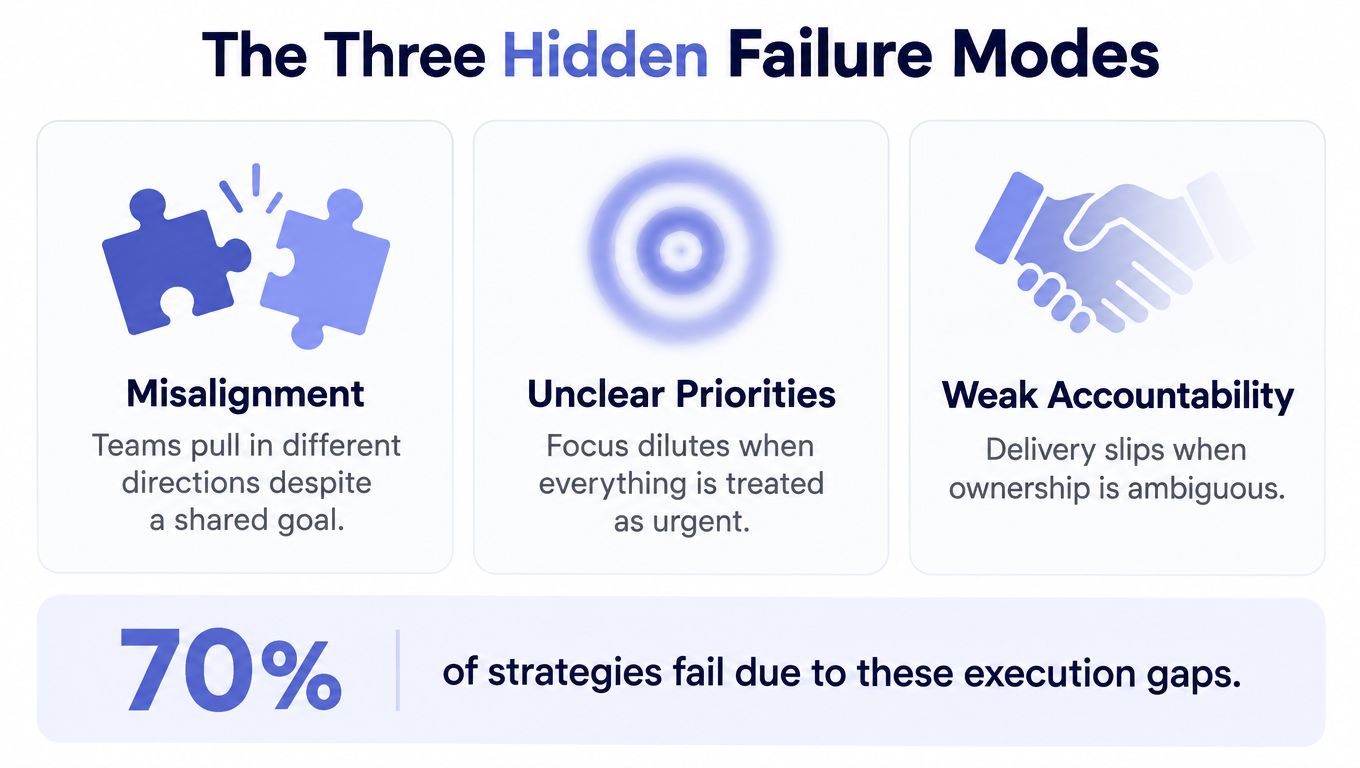 An infographic titled The Three Hidden Failure Modes, highlighting misalignment, unclear priorities, and weak accountability.