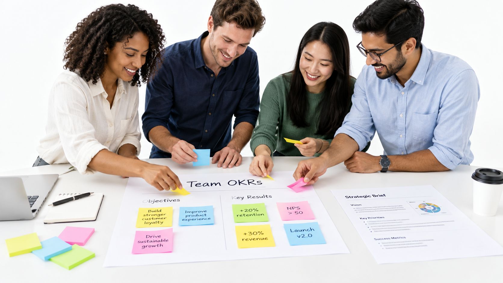 A diverse team of professionals collaborating around a table, placing sticky notes on a Team OKRs project board.