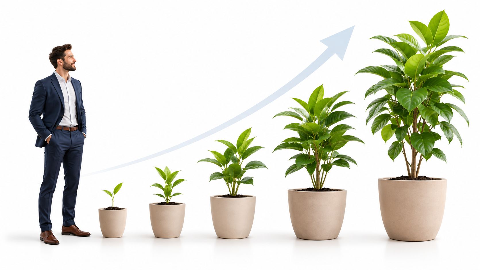 A businessman standing next to a row of potted plants increasing in size representing growth and success.