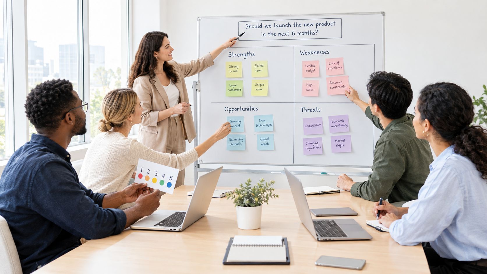 A diverse business team collaborating on a SWOT analysis board during a strategic planning meeting in office.