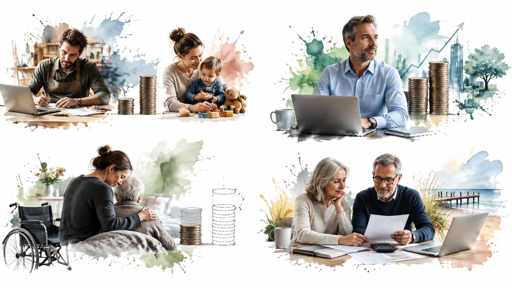 En collage der illustrerer livsfaser med familie, økonomisk planlægning og pensionering i forskellige stadier af livet.