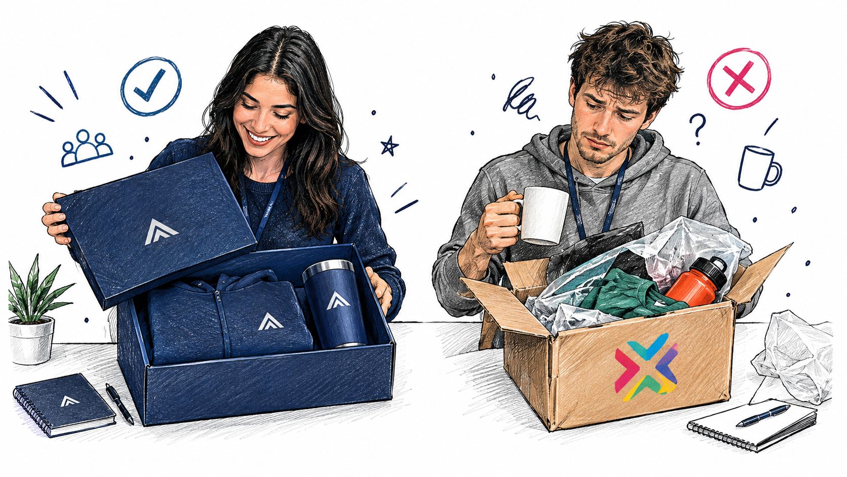 A split illustration comparing a branded, organized welcome gift box with a messy, unbranded company package.
