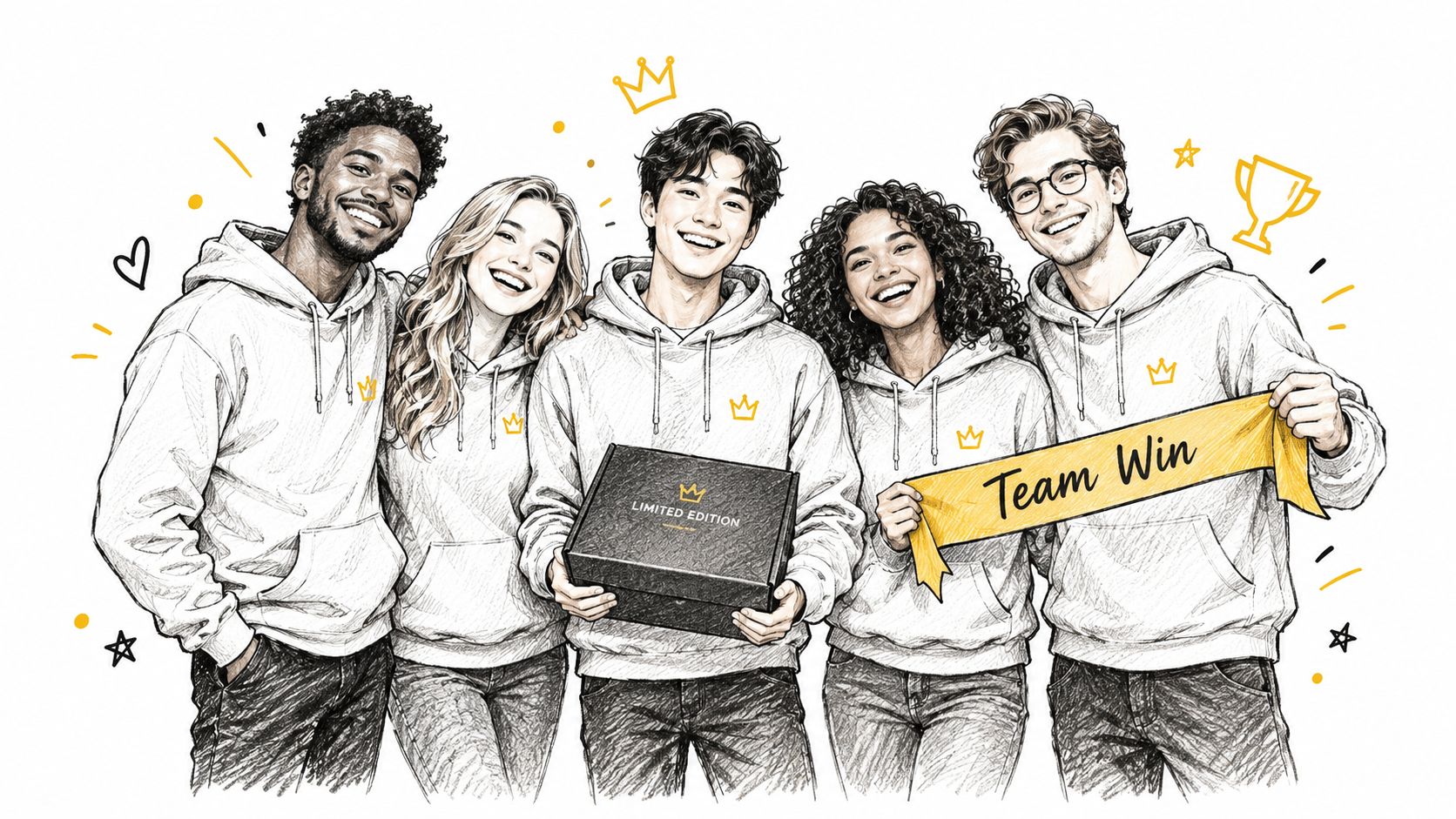 A diverse group of five smiling colleagues celebrating a team victory while holding a gift box and banner.