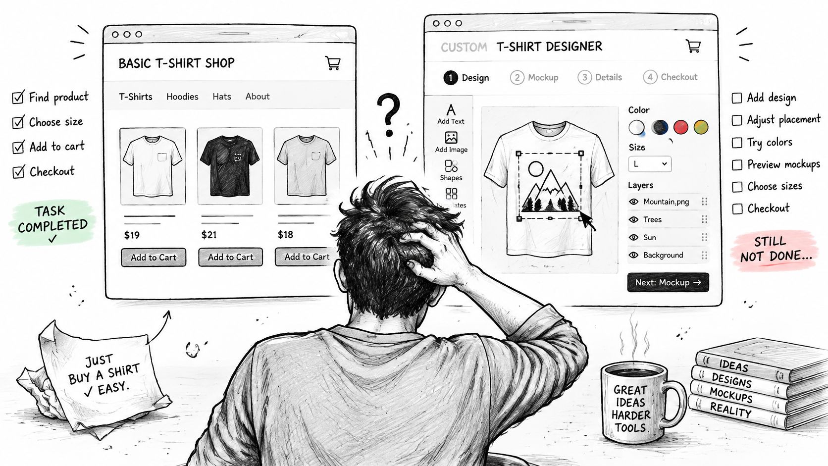 A person looking confused between a simple t-shirt store and a complex custom t-shirt design interface.