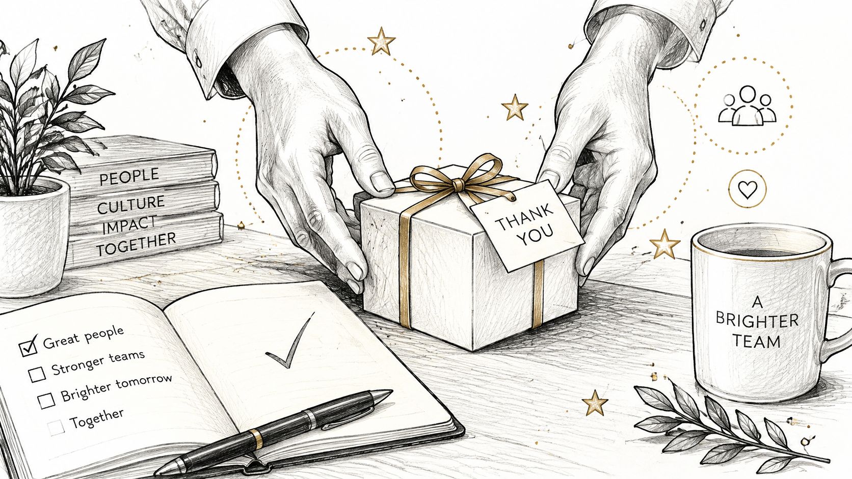 A hand-drawn sketch of a person presenting a gift box with a thank you note, alongside workplace items.