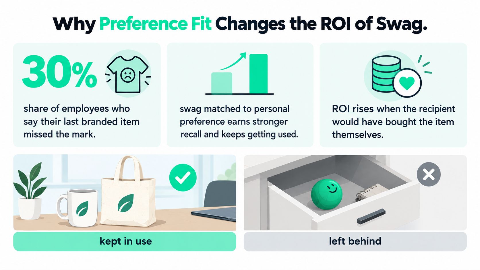 An infographic explaining how personalizing branded company swag improves employee satisfaction and return on investment.