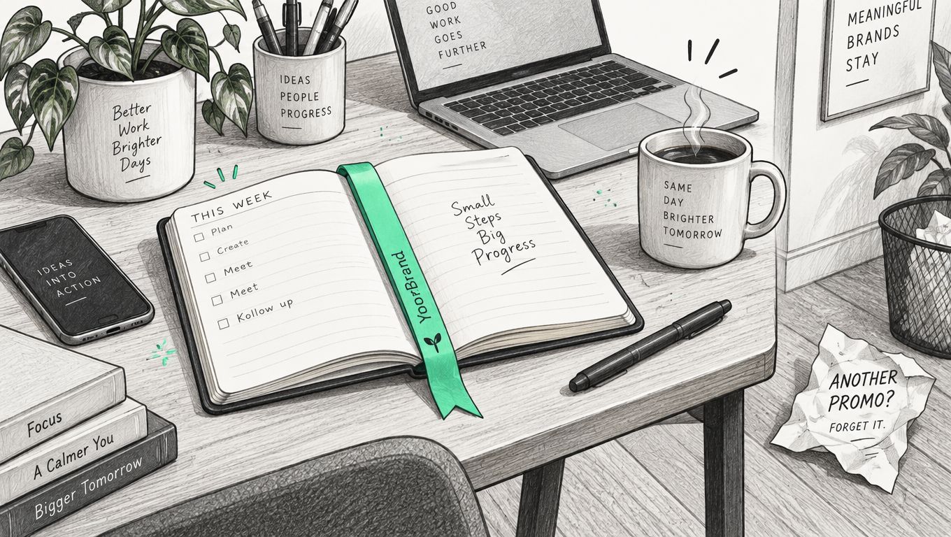 A top-down view of a tidy office desk with a notebook, laptop, coffee mug, and motivational quotes.