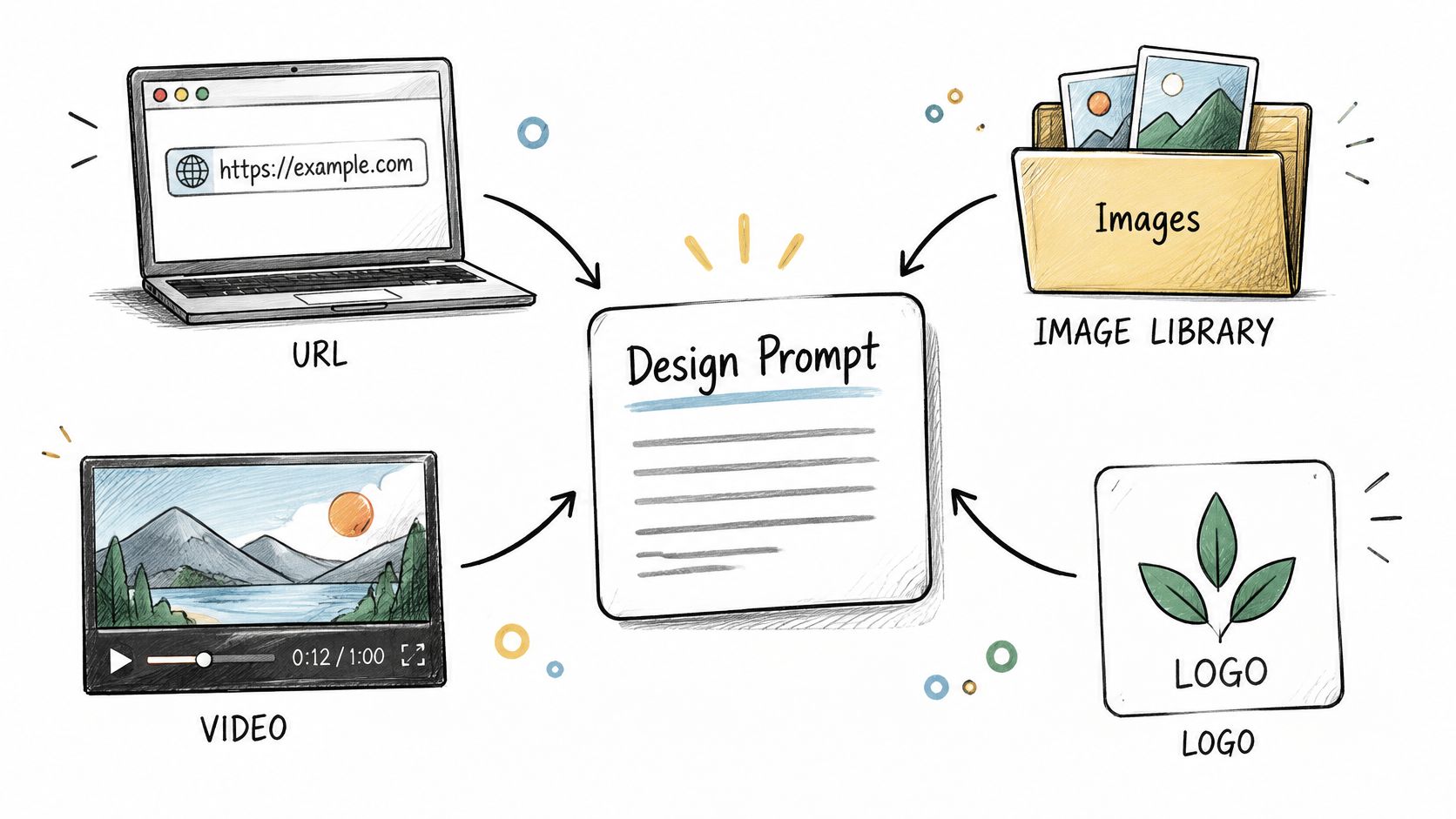 A diagram illustrating various digital inputs like URL, images, video, and logo feeding into a central design prompt.