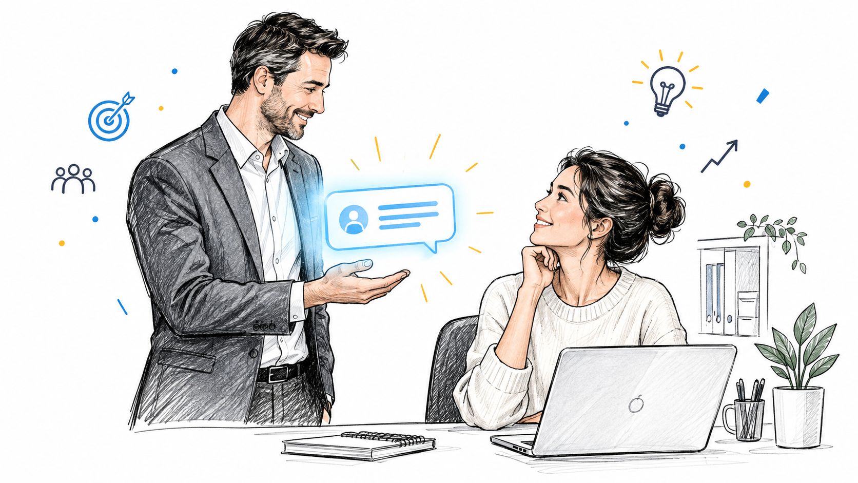 A professional man and woman collaborating in an office setting with digital communication icons illustrating teamwork.