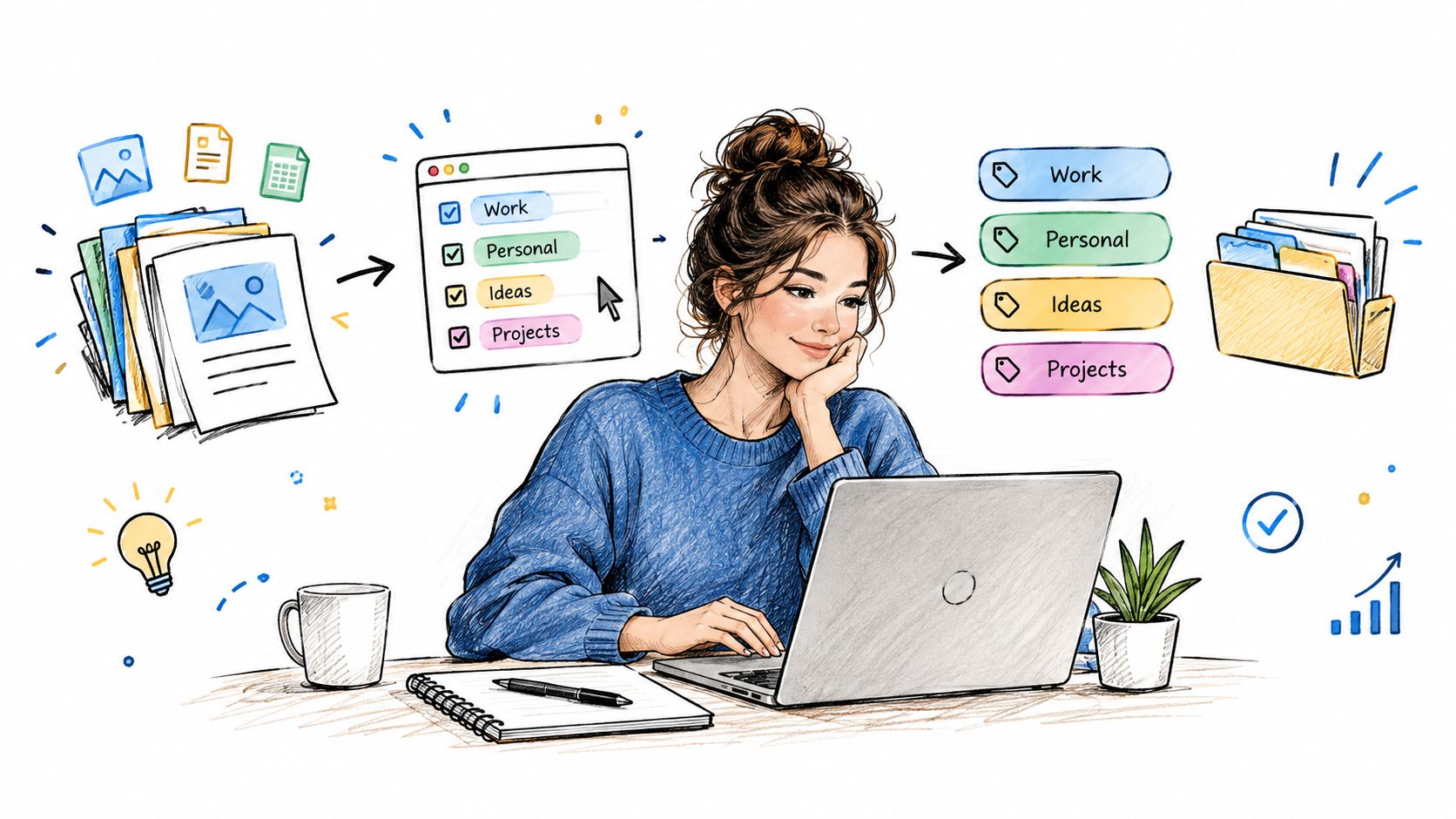 A woman using a laptop to organize files and documents into tagged categories for better productivity.