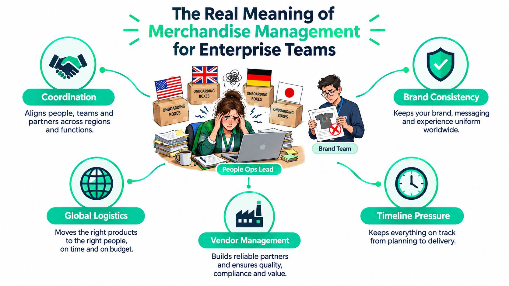 A graphic illustration explaining the challenges and core components of enterprise merchandise management for global teams.