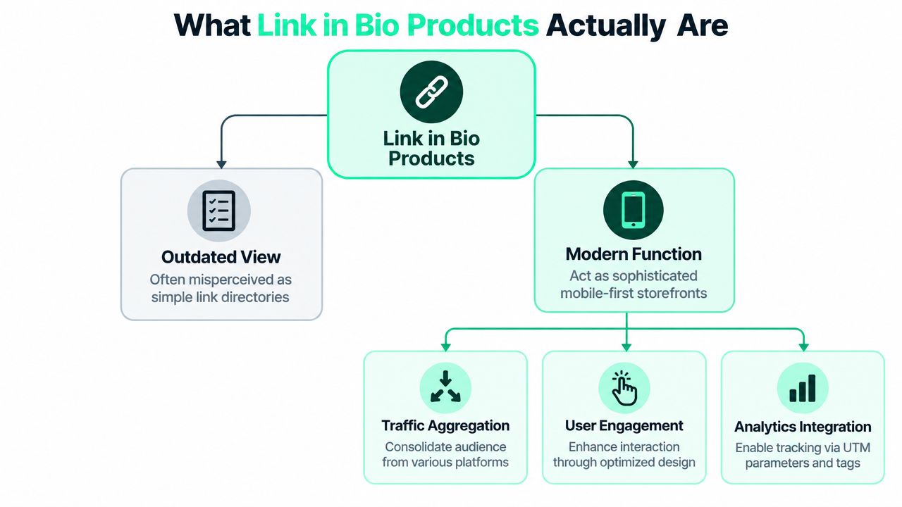 A flowchart explaining that modern link in bio products function as sophisticated mobile-first storefronts for businesses.