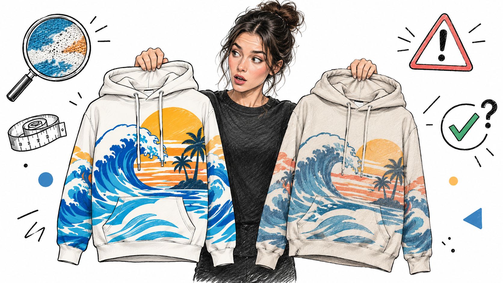 A woman comparing a high-quality vibrant hoodie with a faded version to illustrate on demand printing quality.