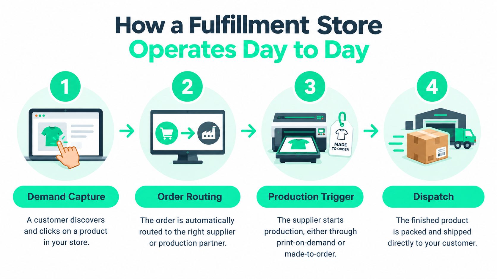 A four-step infographic illustrating the daily operation process of an online fulfillment store from customer order to shipping.