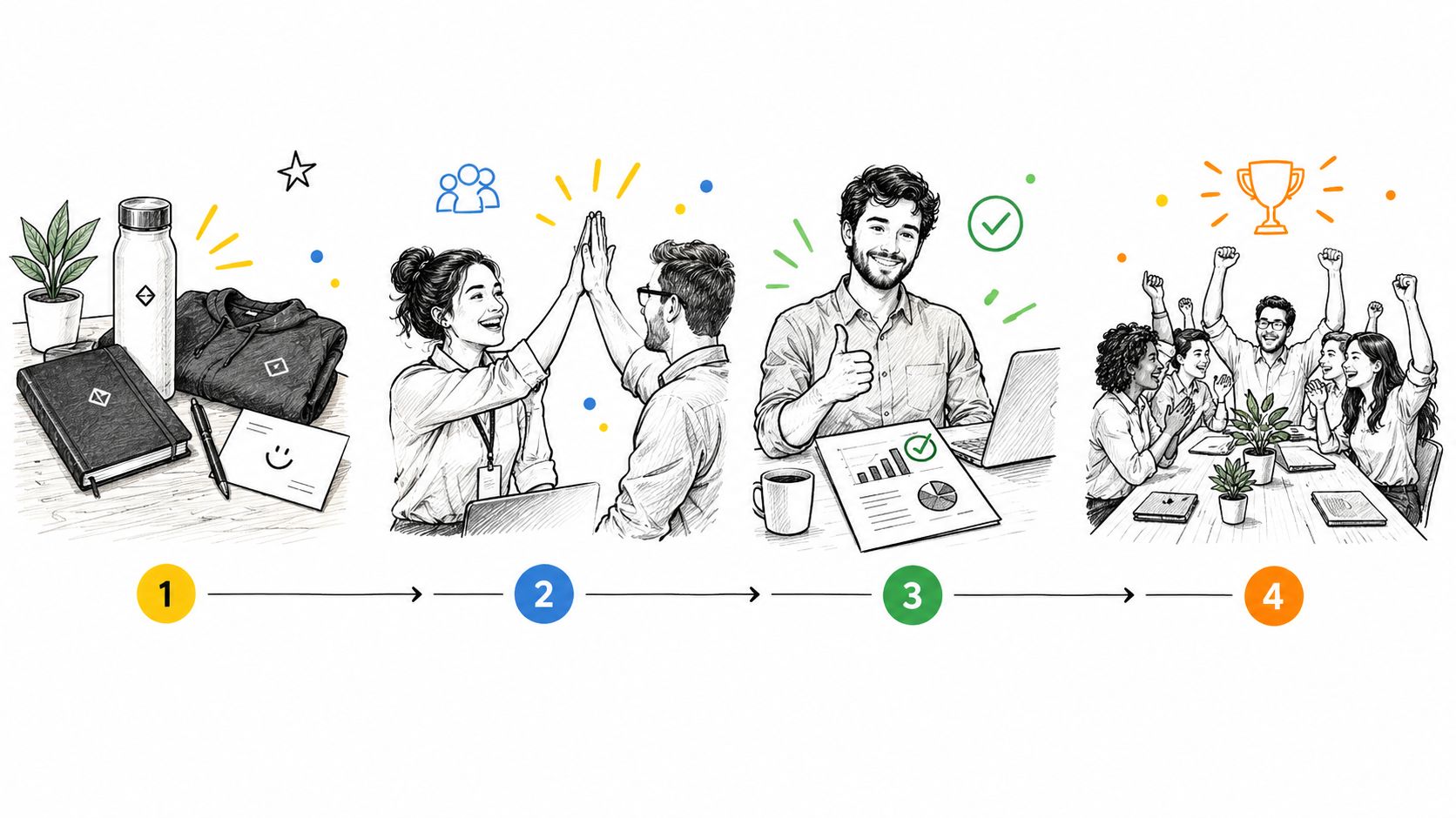 A four-step illustration depicting the process of employee recognition, from onboarding materials to celebrating team success.