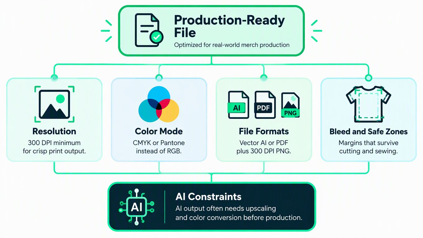 A diagram outlining the essential requirements for creating production-ready files for high-quality merchandise printing and manufacturing.