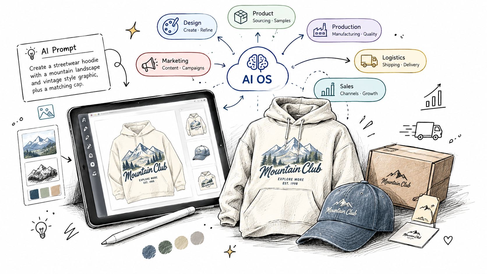 A digital illustration showing how AI OS streamlines the streetwear merchandise design and production process online.