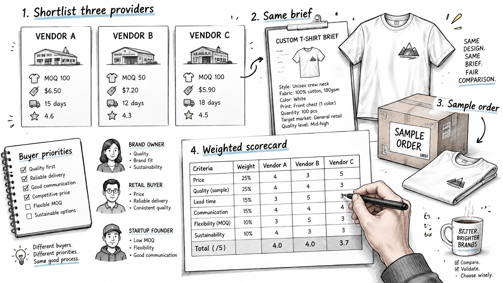 A diagram illustrating the four-step process for selecting a custom t-shirt manufacturing vendor with a weighted scorecard.