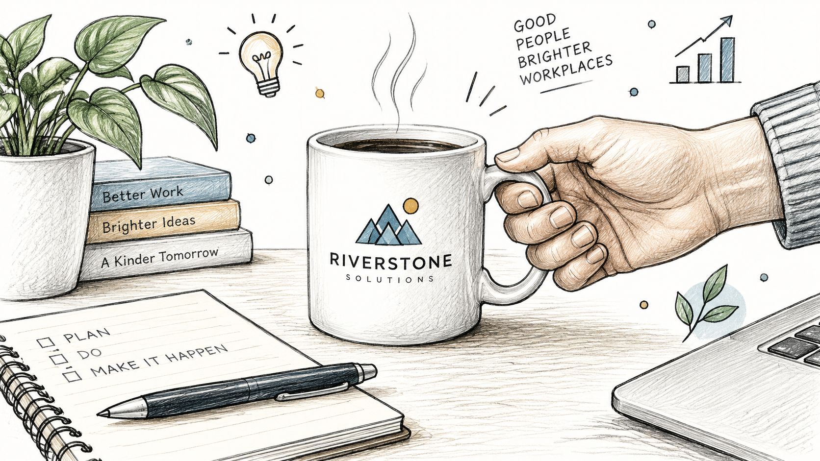 A hand holding a Riverstone Solutions mug on an office desk with a notebook, plant, and laptop.