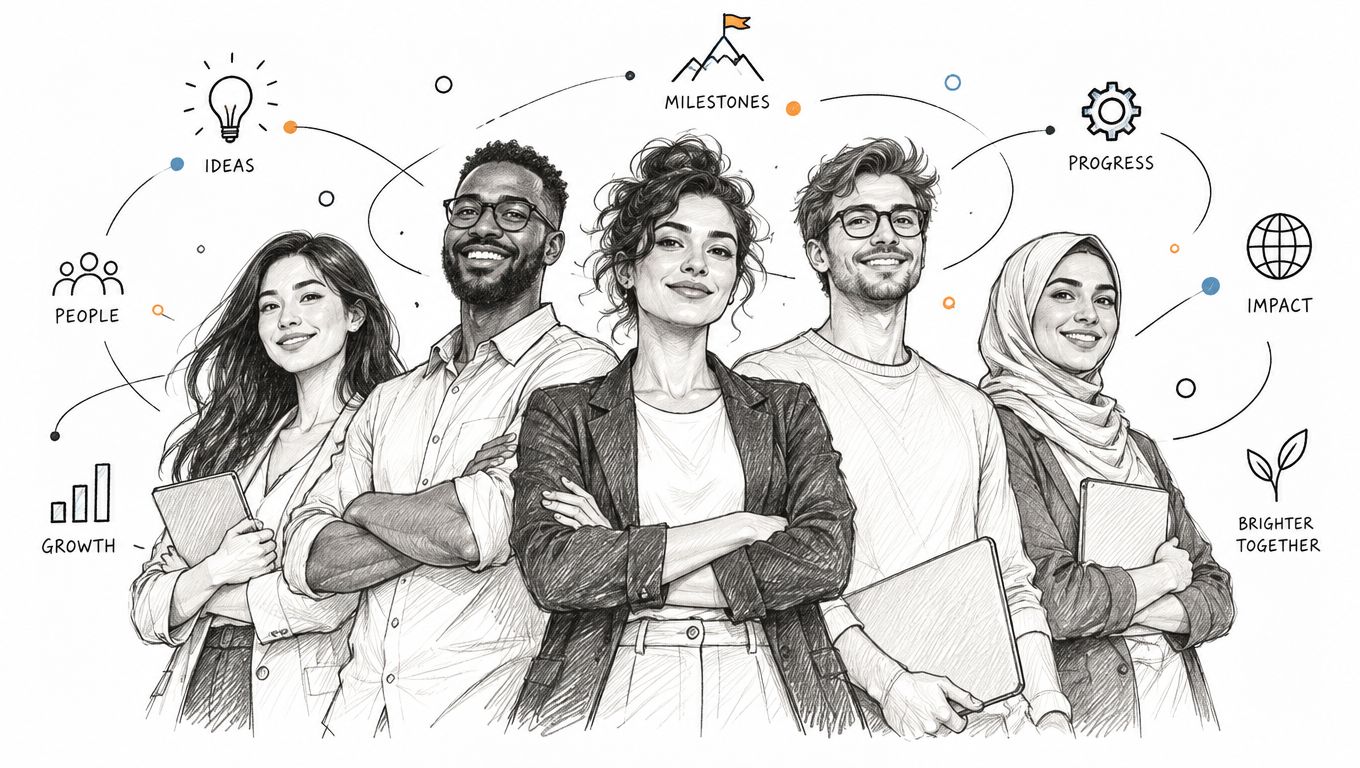 A diverse group of professional colleagues smiling together in a sketch-style illustration about corporate teamwork and success.