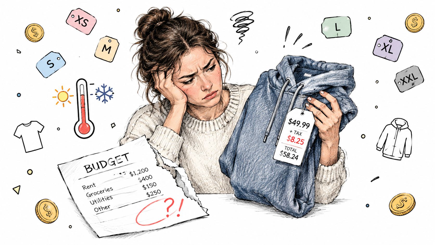 A woman looks stressed while shopping for a hoodie, holding a price tag while reviewing her monthly budget.