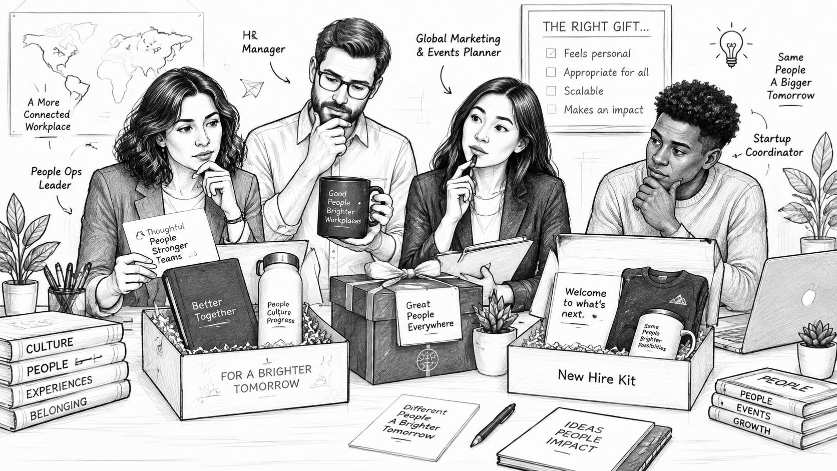 A diverse group of four professionals brainstorming ideas for thoughtful corporate gifts at a modern office desk.