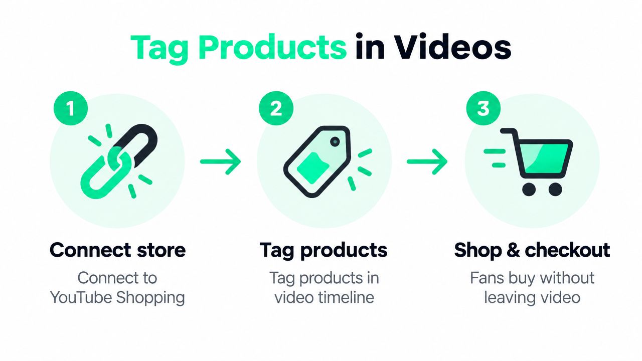 A three-step infographic showing how to tag products in videos using YouTube Shopping for easy commerce.