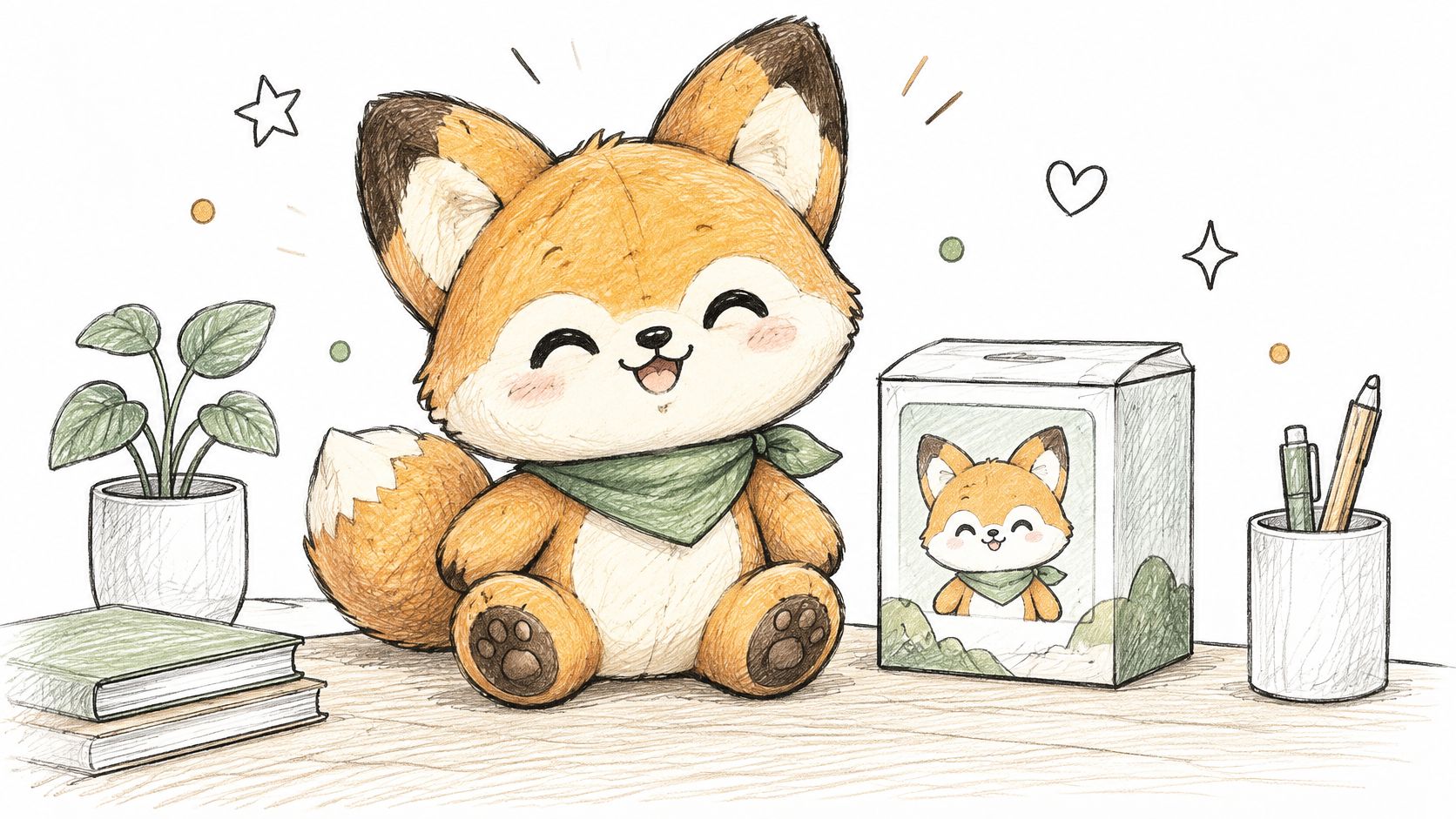 A cute hand-drawn illustration of a plush fox sitting on a desk next to its packaging box.