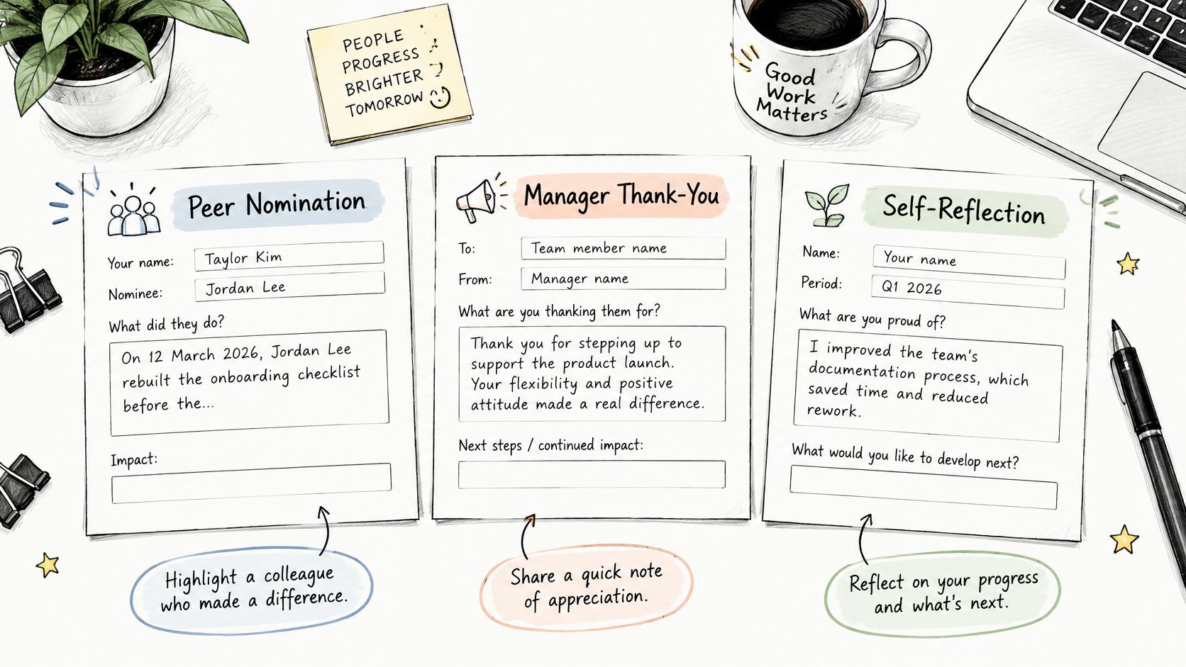 Three blank professional development forms for peer nomination, manager thank-you, and self-reflection on a desk.
