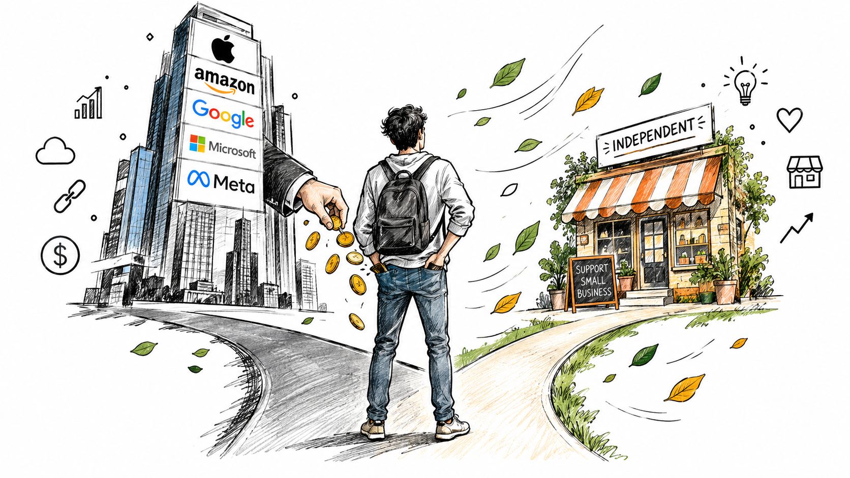 A person standing at a crossroads between a corporate giant office building and a small independent shop.